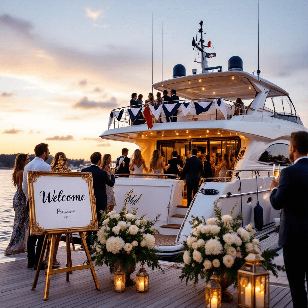 Yacht Birthday Party: The Ultimate Guide to Throwing a Luxurious Nautical Celebration A luxurious yacht party at golden hour featuring an 80-foot white vessel adorned with string lights and banners, guests in cocktail attire on the upper deck, and an ornate welcome sign with white floral arrangements and lanterns in the foreground.