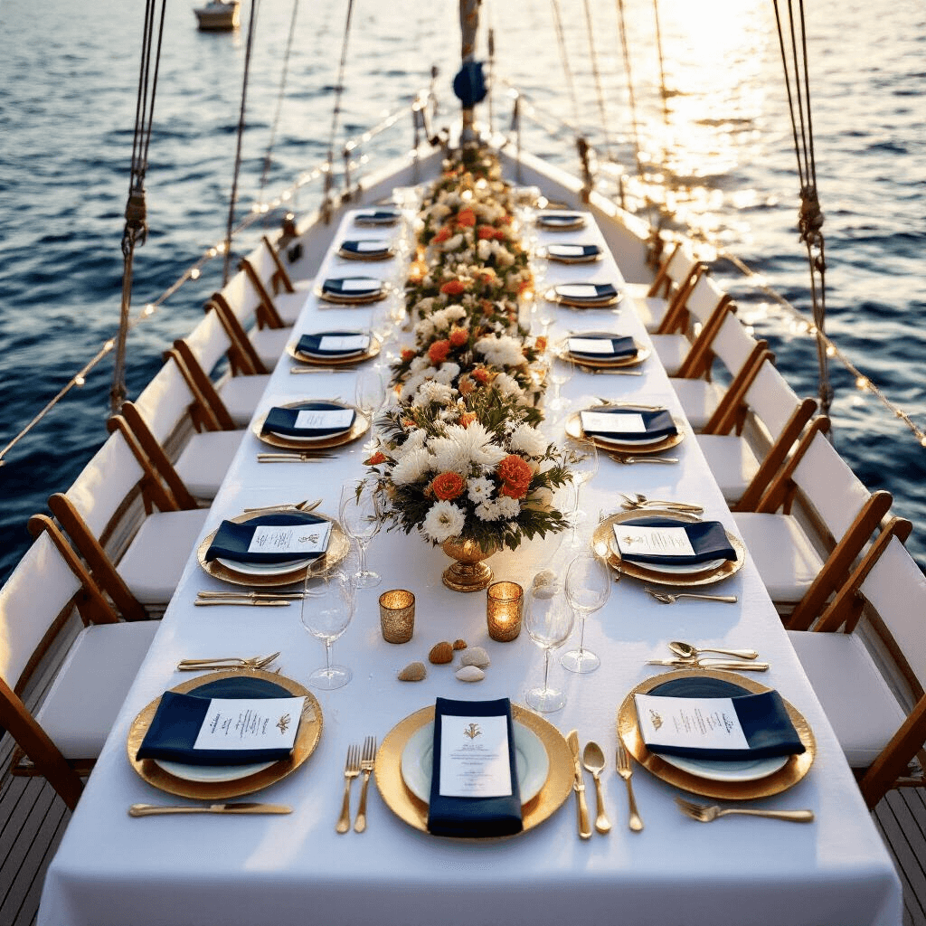 Yacht Birthday Party: The Ultimate Guide to Throwing a Luxurious Nautical Celebration A beautifully arranged birthday dinner on a yacht's main deck, featuring a long table with white linen, gold chargers, navy napkins, and personalized name cards. Lush coral and white floral centerpieces are placed in mercury glass vases alongside vintage brass candleholders and seashells, illuminated by overhead fairy lights as the sun sets over the water.