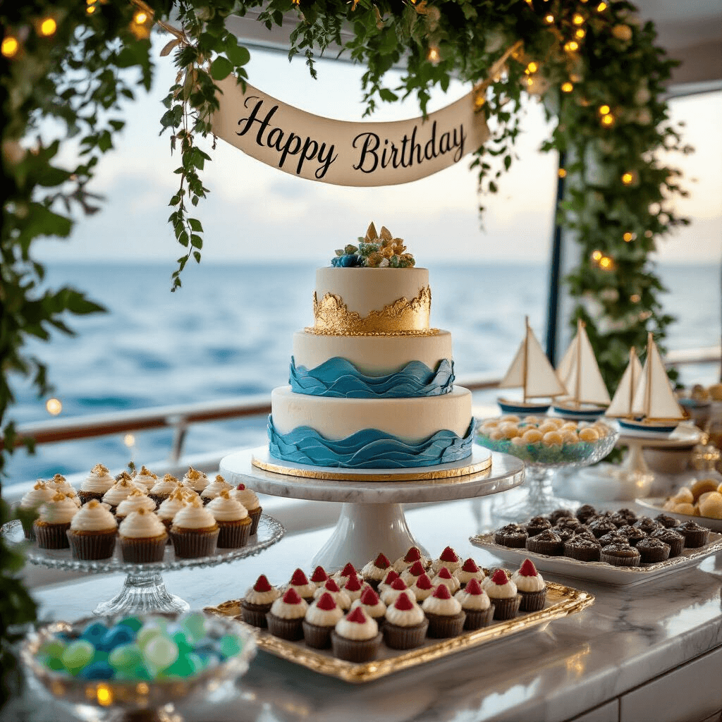 Yacht Birthday Party: The Ultimate Guide to Throwing a Luxurious Nautical Celebration A close-up of a luxurious yacht dessert display featuring a tiered birthday cake with fondant waves and gold leaf, surrounded by nautical-themed cupcakes, sailboat-shaped chocolate-dipped strawberries, and sea-glass colored candies, with a 'Happy Birthday' banner and ambient greenery and fairy lights in the background.