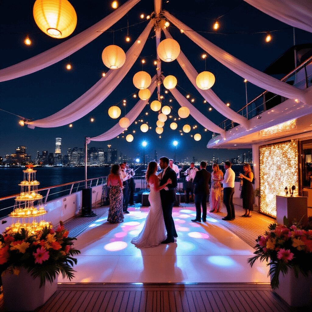 Yacht Birthday Party: The Ultimate Guide to Throwing a Luxurious Nautical Celebration A vibrant yacht upper deck at night transformed into a dance floor, adorned with string lights and paper lanterns, featuring guests dancing to a live band, draped rails with sheer fabric, tropical flowers, a sparkling champagne tower, and a shimmering sequin photo booth, all against a twinkling city skyline.