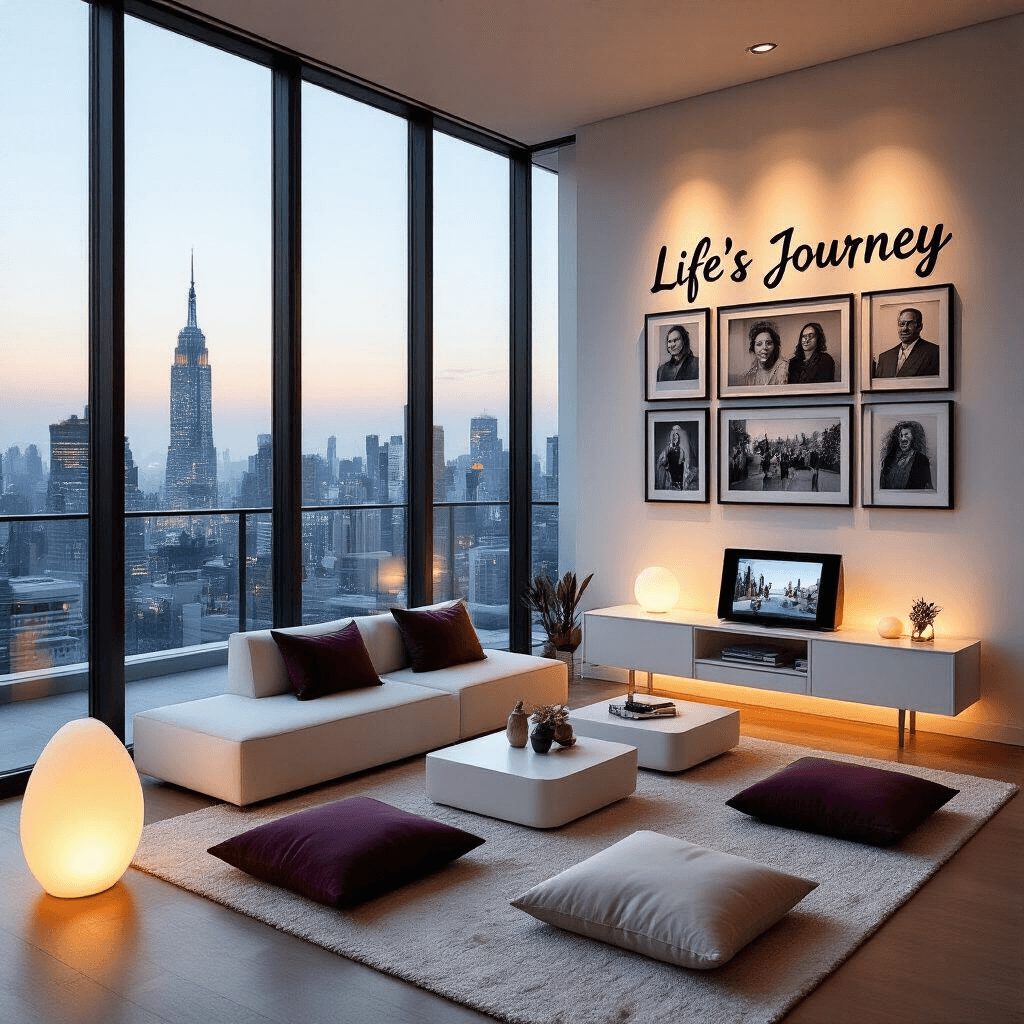 Crafting the Perfect 70th Birthday Celebration: A Comprehensive Guide A modern apartment celebration themed around 'Life's Journey,' featuring floor-to-ceiling windows with a city view, a gallery wall of black and white photos, sleek white furniture with jewel-toned decor, low tables with cushions, a digital photo frame, and ambient lighting from sculptural lamps, captured from an elevated angle.