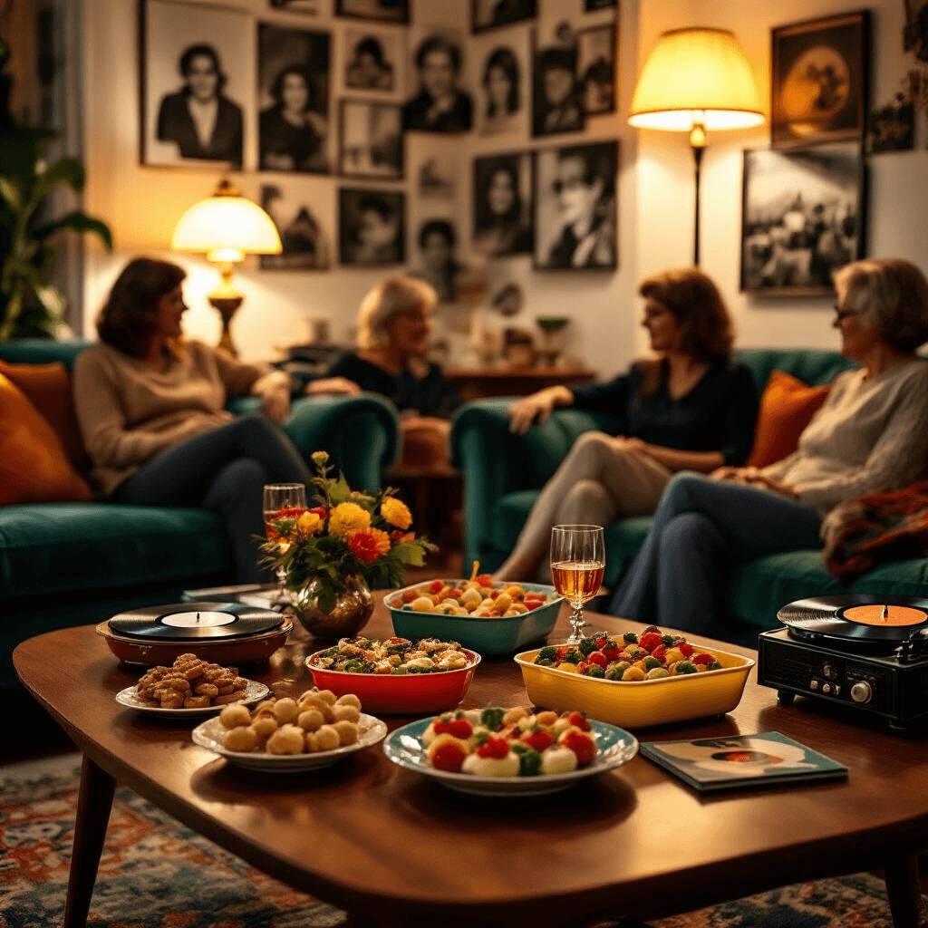 80th Birthday Party Ideas: Creating an Unforgettable Celebration of Life An intimate retro-themed 80th birthday dinner party in a cozy mid-century modern living room, featuring a close-up of a walnut coffee table adorned with colorful hors d'oeuvres in vintage Pyrex dishes, a record player in the background, scattered vinyl albums from the 1960s, warm amber light from Tiffany-style lamps, friends lounging on jewel-toned velvet sofas, and a gallery wall of black and white photos documenting eight decades of memories.