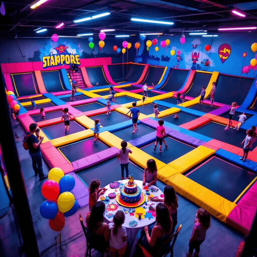 Trampoline Park Birthday Party: The Ultimate Guide to Capturing High-Energy Celebrations A vibrant indoor trampoline park birthday party, featuring joyful kids mid-bounce on colorful trampolines, a superhero-themed cake on a decorated table, and parents chatting nearby, all illuminated by neon lighting.