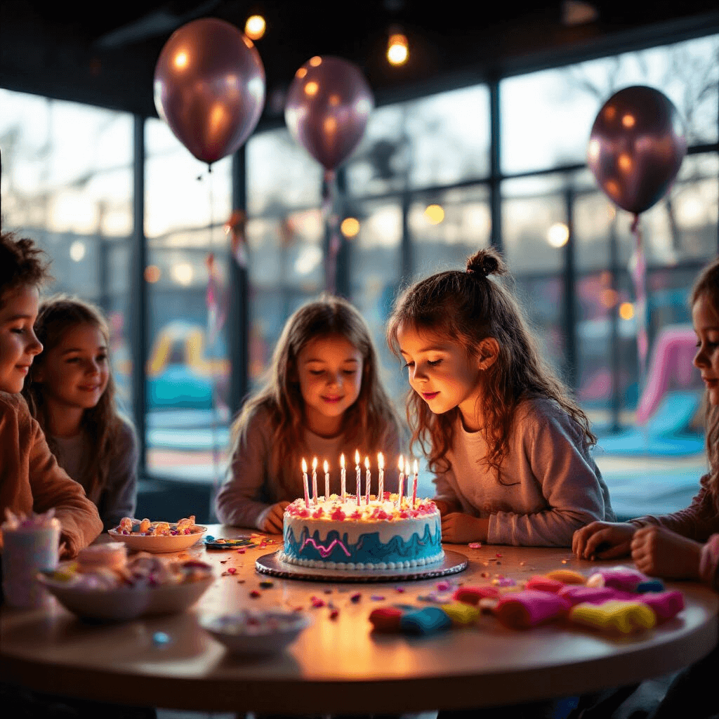 Trampoline Park Birthday Party: The Ultimate Guide to Capturing High-Energy Celebrations A birthday child blows out candles on a neon-themed cake during an intimate trampoline park celebration, surrounded by friends and family in a warmly lit private party room.
