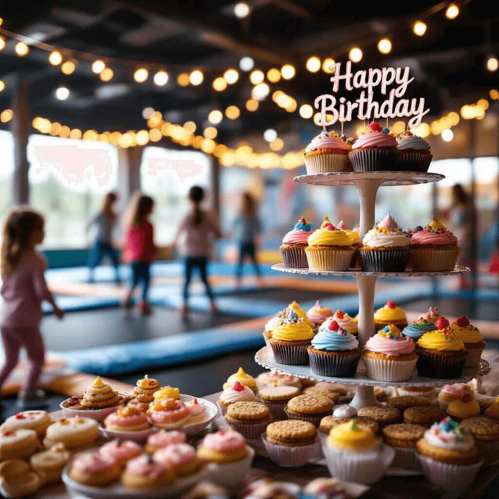 Trampoline Park Birthday Party: The Ultimate Guide to Capturing High-Energy Celebrations A vibrant dessert cart adorned with colorful cupcakes, cake pops, and cookies with custom birthday toppers, set against a trampoline park backdrop, where children bounce in soft focus, illuminated by warm LED string lights.