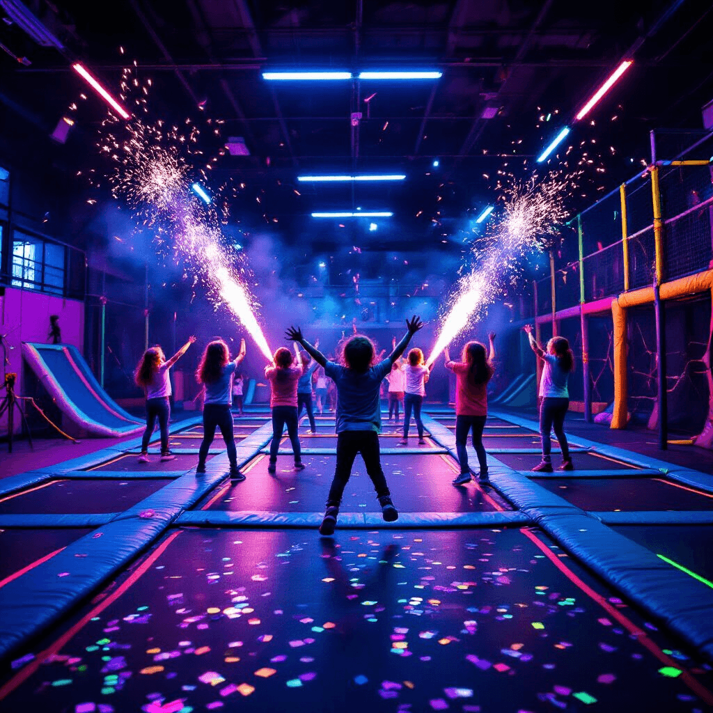 Trampoline Park Birthday Party: The Ultimate Guide to Capturing High-Energy Celebrations A vibrant scene of a trampoline park birthday celebration, featuring a coordinated jump routine with neon-painted children, glowing accessories, and confetti cannons, all illuminated by UV lights in a glowing wonderland setting.