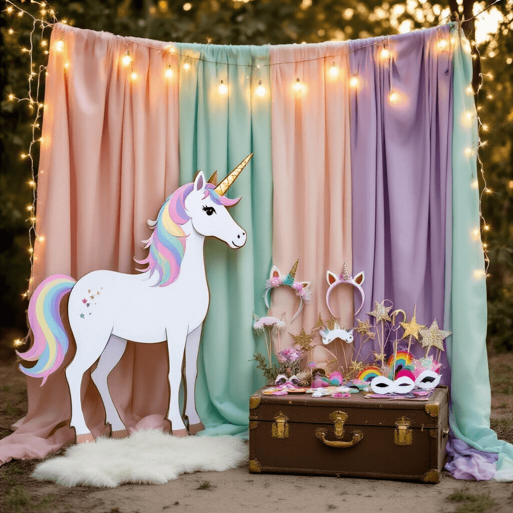 Magical Unicorn Birthday Party: The Ultimate Guide to Creating a Dreamy Celebration An enchanting unicorn party photo booth corner with a shimmering backdrop of blush pink, mint green, and lavender fabric, featuring an oversized cardboard unicorn cutout, whimsical props on a vintage trunk, and fairy lights overhead, captured in golden hour light.