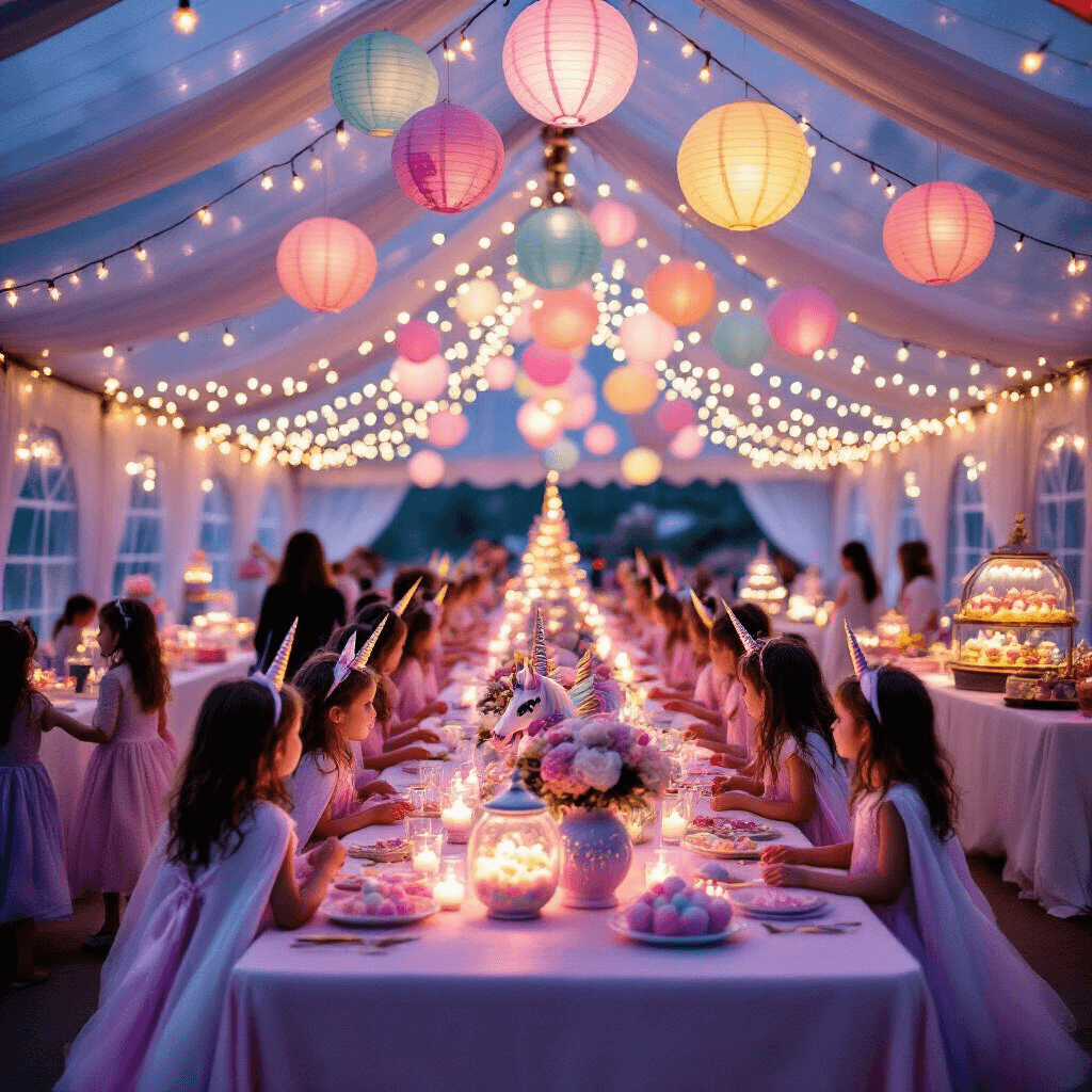 Magical Unicorn Birthday Party: The Ultimate Guide to Creating a Dreamy Celebration A whimsical unicorn party at dusk, featuring a magical canopy of fairy lights and pastel lanterns over long tables with ombre tablecloths. Centerpieces include unicorn-shaped vases with flowers and illuminated terrariums. A dessert cart filled with colorful treats is in the background, while children in capes and unicorn headbands dance in the foreground, creating an enchanting atmosphere.