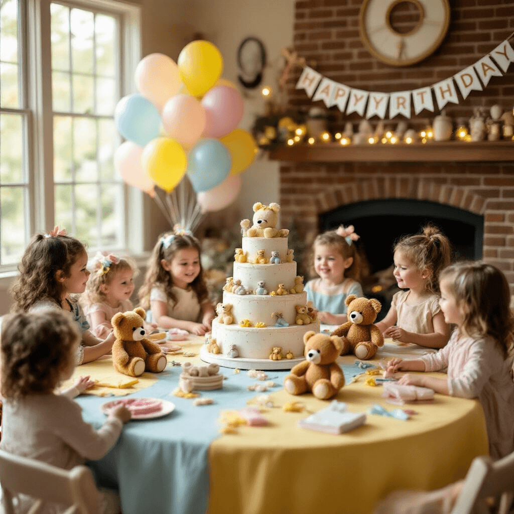 Ultimate Guide to Throwing an Unforgettable Build-A-Bear Birthday Party A cozy living room birthday party scene featuring children joyfully creating plush bears at pastel-decorated tables, a grand tiered cake adorned with teddy bears, twinkling fairy lights, and a 'Happy Bearthday' banner above a brick fireplace.