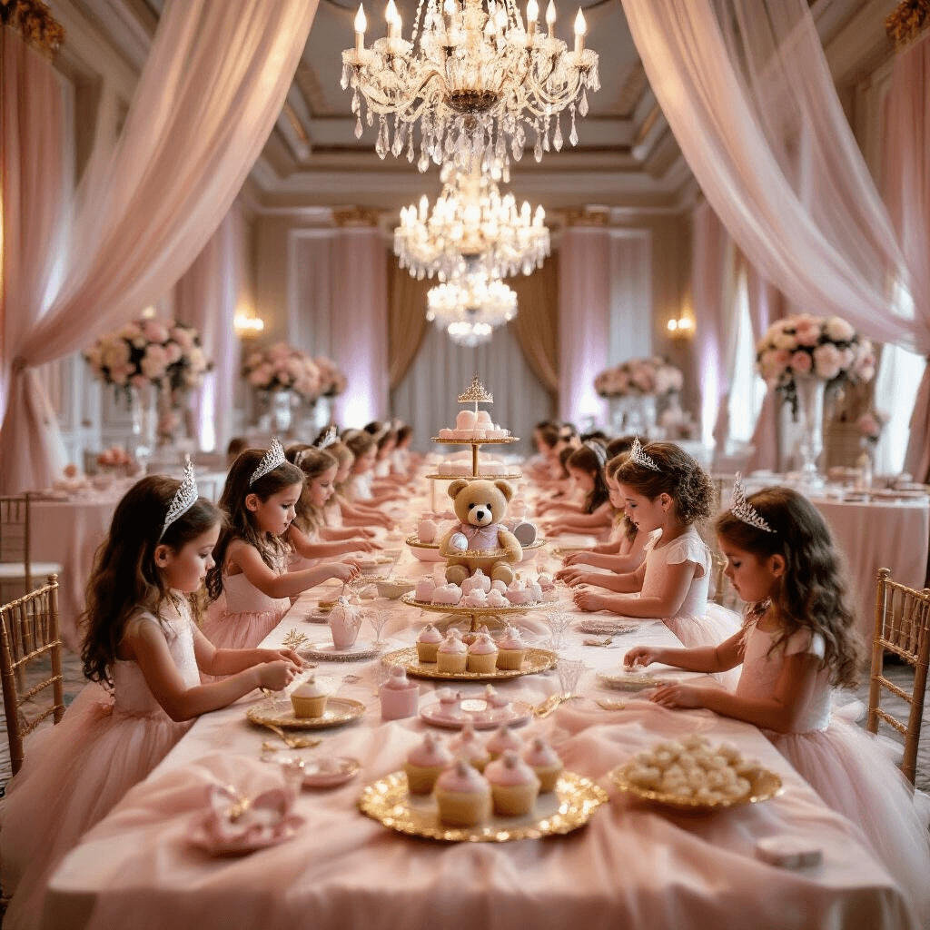 Ultimate Guide to Throwing an Unforgettable Build-A-Bear Birthday Party An elegant princess-themed Build-A-Bear party in a grand indoor ballroom, featuring crystal chandeliers, blush pink silk tables, ornate gold place settings, a dessert cart with tiara and glass slipper-shaped treats, and little girls in tulle dresses selecting outfits for their bears amid cascading floral arrangements.