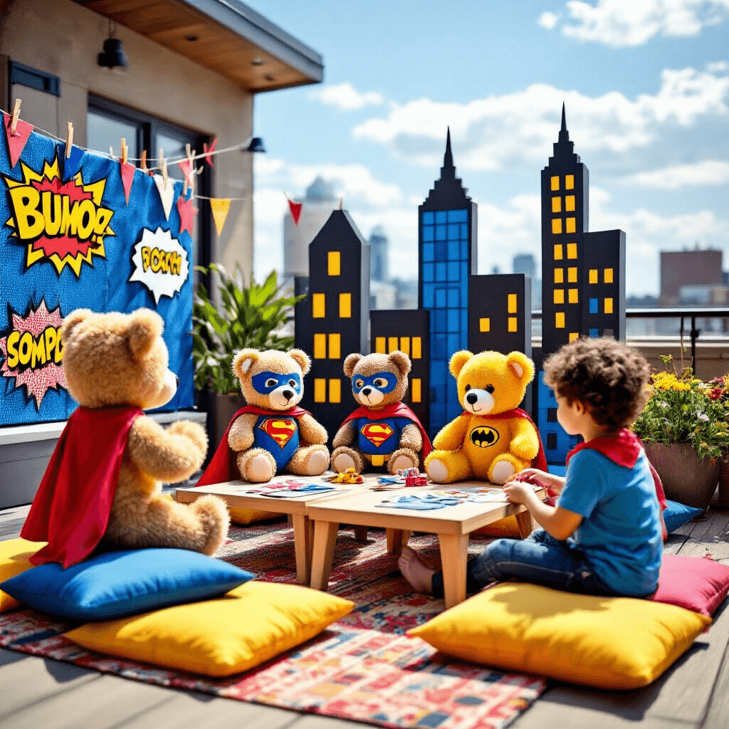 Ultimate Guide to Throwing an Unforgettable Build-A-Bear Birthday Party A vibrant rooftop terrace filled with young children creating stuffed bears at a superhero-themed Build-A-Bear bash, featuring comic book decorations, colorful cushions, and a large cardboard cityscape backdrop.