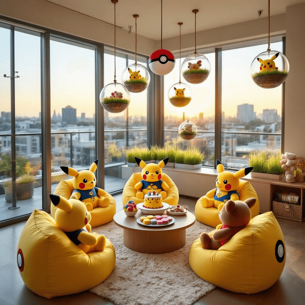 Ultimate Guide to Throwing an Unforgettable Build-A-Bear Birthday Party An overhead view of a Pokémon-themed Build-A-Bear gathering in a modern apartment, featuring Poké Ball beanbag chairs, custom gaming stations for dressing bears, a dessert table with a Pikachu-shaped cake and colorful macarons, and hanging terrariums filled with plush grass-type Pokémon, all bathed in golden hour light.