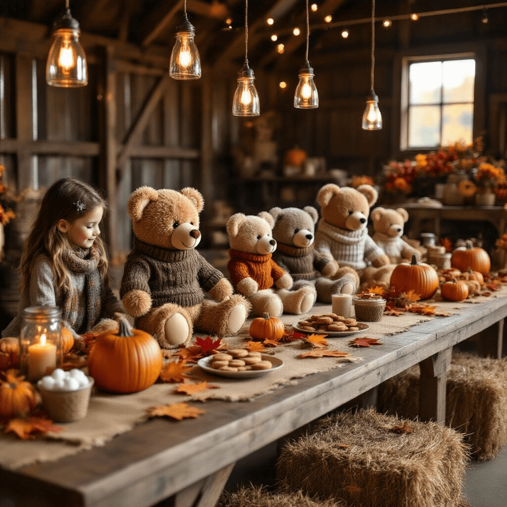 Ultimate Guide to Throwing an Unforgettable Build-A-Bear Birthday Party A cozy autumn-themed Build-A-Bear celebration in a rustic barn, featuring children creating stuffed bears in seasonal sweaters, warm lighting from mason jar lanterns, burlap table runners with pumpkin centerpieces, a hot chocolate bar, hay bales, and vibrant autumn leaves, all showcasing fall textures and colors.