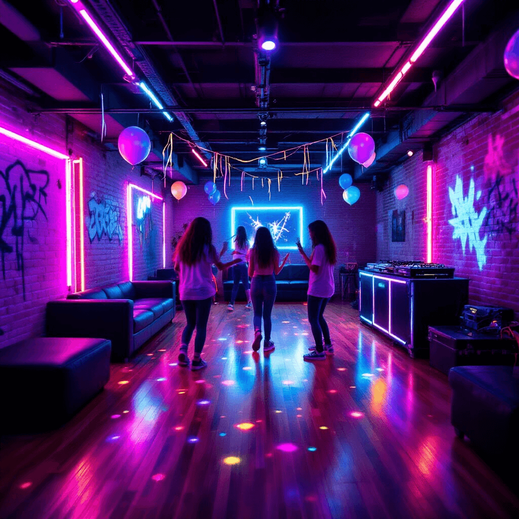 Epic Teen Birthday Party Ideas That Will Make Memories (Not Crickets!) A vibrant basement party scene with teens dancing amidst neon purple, electric blue, and hot pink LED lights, reflecting on a hardwood floor. Glow sticks are scattered across modern black furniture, and UV-reactive paint glows on exposed brick walls. A DJ booth with pulsing neon lights and metallic streamers adds to the electric atmosphere.