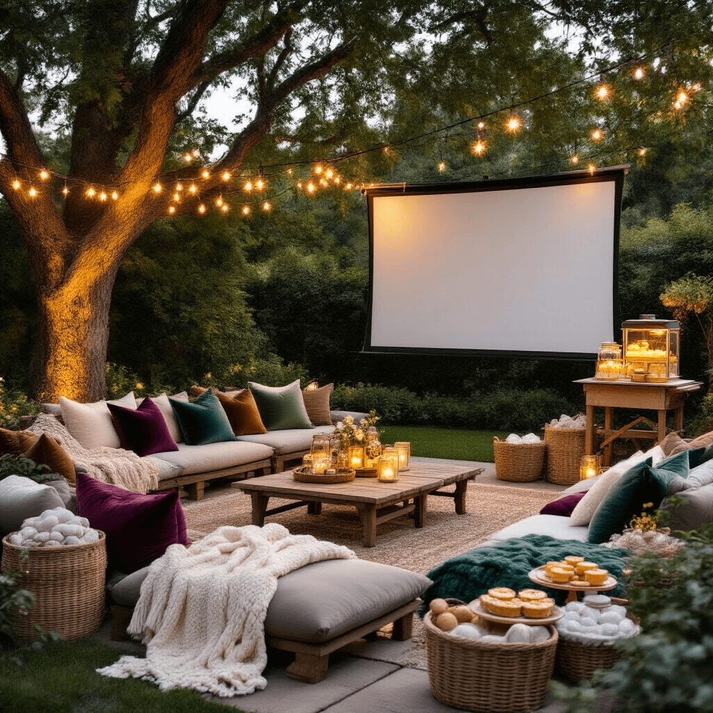 Epic Teen Birthday Party Ideas That Will Make Memories (Not Crickets!) An elegant backyard movie night setup during golden hour, featuring a large outdoor projector screen surrounded by cozy seating with plush velvet cushions and chunky knit blankets. Mason jar string lights hang between trees, and a rustic wooden popcorn cart with vintage jars complements a dessert table adorned with movie-themed treats.