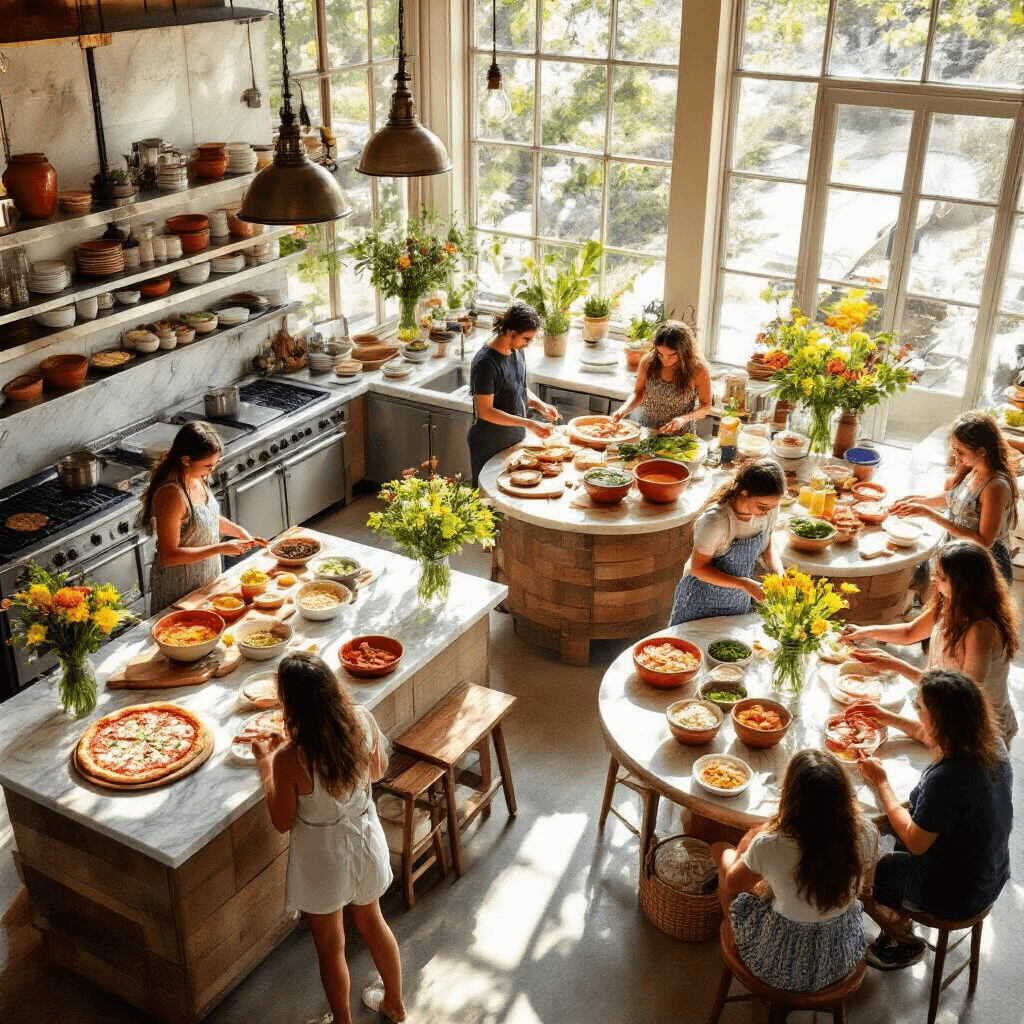 Epic Teen Birthday Party Ideas That Will Make Memories (Not Crickets!) A vibrant kitchen and dining space with interactive food stations, featuring teens engaging around a pizza station, taco bar, and sundae setup, all illuminated by bright midday sunlight streaming through large windows, complemented by fresh florals in mason jars.