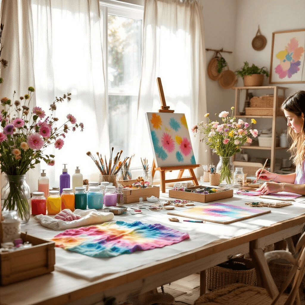 Epic Teen Birthday Party Ideas That Will Make Memories (Not Crickets!) A bright and inviting creative studio setup in a cozy apartment, featuring a large dining table covered with various craft supplies like tie-dye kits, painting easels, and jewelry-making materials. Soft morning light filters through sheer curtains, illuminating mason jars of wildflowers and the focused work of teens engaged in artistic projects.