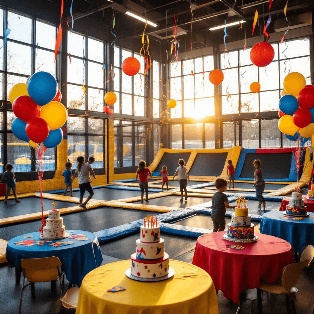 Ultimate Guide to Kids' Birthday Party Venues in Houston: Exciting Spaces for Unforgettable Celebrations A vibrant indoor trampoline park birthday celebration during golden hour, featuring kids bouncing on colorful trampolines, superhero-themed party tables with cakes, and festive decorations in bright primary colors, all illuminated by soft natural light and neon signage.