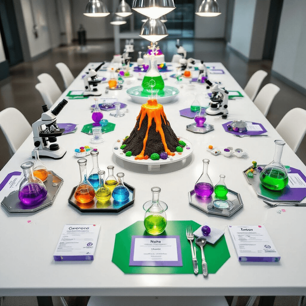 Ultimate Guide to Kids' Birthday Party Venues in Houston: Exciting Spaces for Unforgettable Celebrations Overhead flat lay of a science-themed birthday party featuring hexagonal tables with colorful beakers, test tubes, and lab coats, illuminated by pendant lighting, with a volcano cake centerpiece.