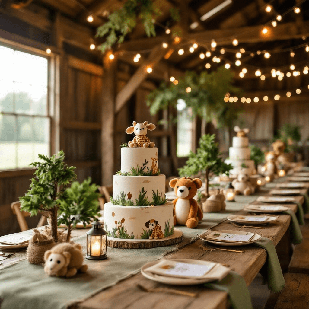 Ultimate Guide to Kids' Birthday Party Venues in Houston: Exciting Spaces for Unforgettable Celebrations Close-up of a rustic barn birthday party decorated with safari-themed centerpieces, burlap table runners, and fairy lights, featuring plush animals and a jungle cake on a tree stump.