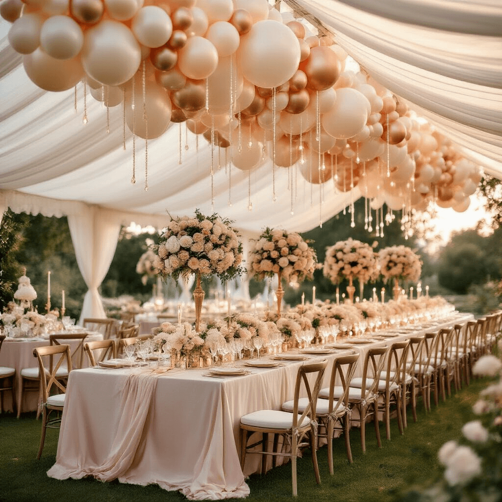 Elevate Your Event: The Ultimate Guide to Pearl Balloons - Shimmer, Style, and Sophistication A lavish garden wedding reception at golden hour with an elegant white marquee, blush silk-draped tables adorned with cream and pale pink floral centerpieces, cascading pearl balloon installations overhead, and twinkling fairy lights creating a dreamy atmosphere.