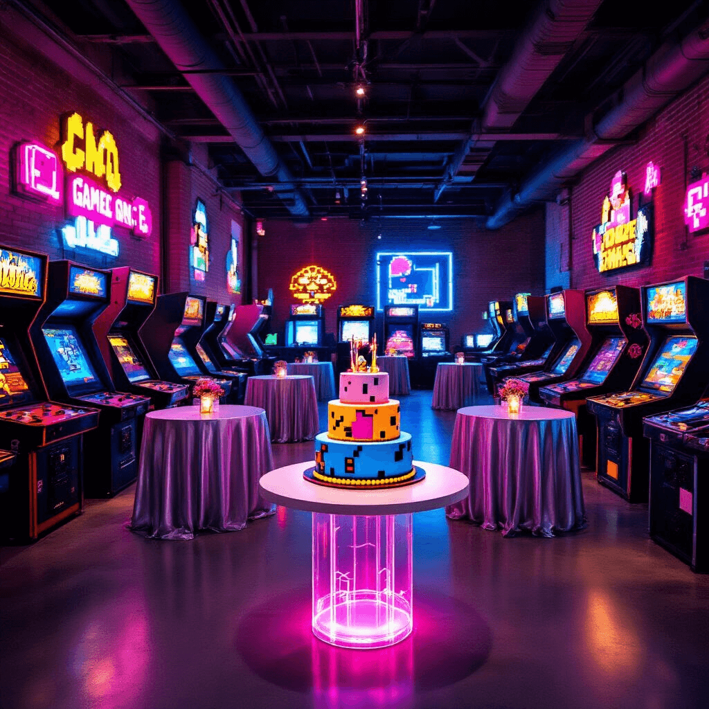 Ultimate Guide to Kids' Birthday Party Venues in Houston: Exciting Spaces for Unforgettable Celebrations Sophisticated arcade birthday party in an industrial venue with exposed brick and concrete flooring, featuring neon colors, vintage gaming décor, and a retro game console cake under moody lighting.
