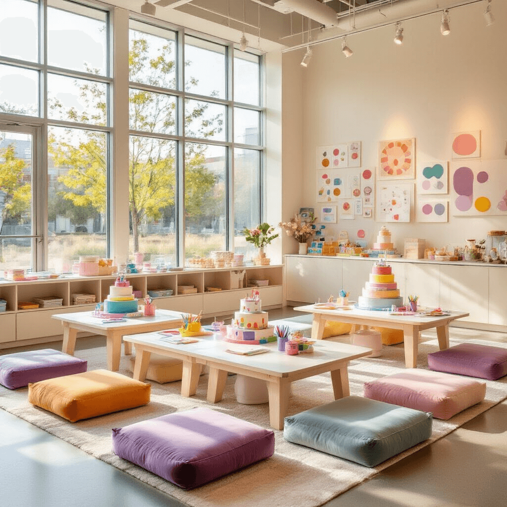 Ultimate Guide to Kids' Birthday Party Venues in Houston: Exciting Spaces for Unforgettable Celebrations Detail crop of a bright modern children's birthday party in a museum setting, featuring low tables with pastel covers, colorful floor cushions, interactive displays, personalized favors, and a custom cake resembling textbooks, all illuminated by natural sunlight.