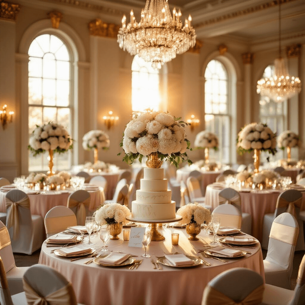 The Ultimate Guide to Unforgettable Birthday Party Venues: Finding Your Perfect Celebration Spot A wide-angle view of an elegant indoor ballroom set for a birthday celebration, featuring blush pink silk table linens, towering floral centerpieces, crystal chandeliers, and a stunning three-tiered vanilla cake, all illuminated by warm amber sunlight streaming through arched windows.