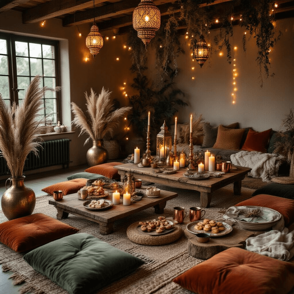 The Ultimate Guide to Unforgettable Birthday Party Venues: Finding Your Perfect Celebration Spot Overhead view of a cozy evening birthday party setup with low wooden tables, plush velvet cushions, Moroccan lanterns, candles, artisanal treats on rustic boards, and decorative dried flowers in vintage vessels, enhanced by string lights across ceiling beams.