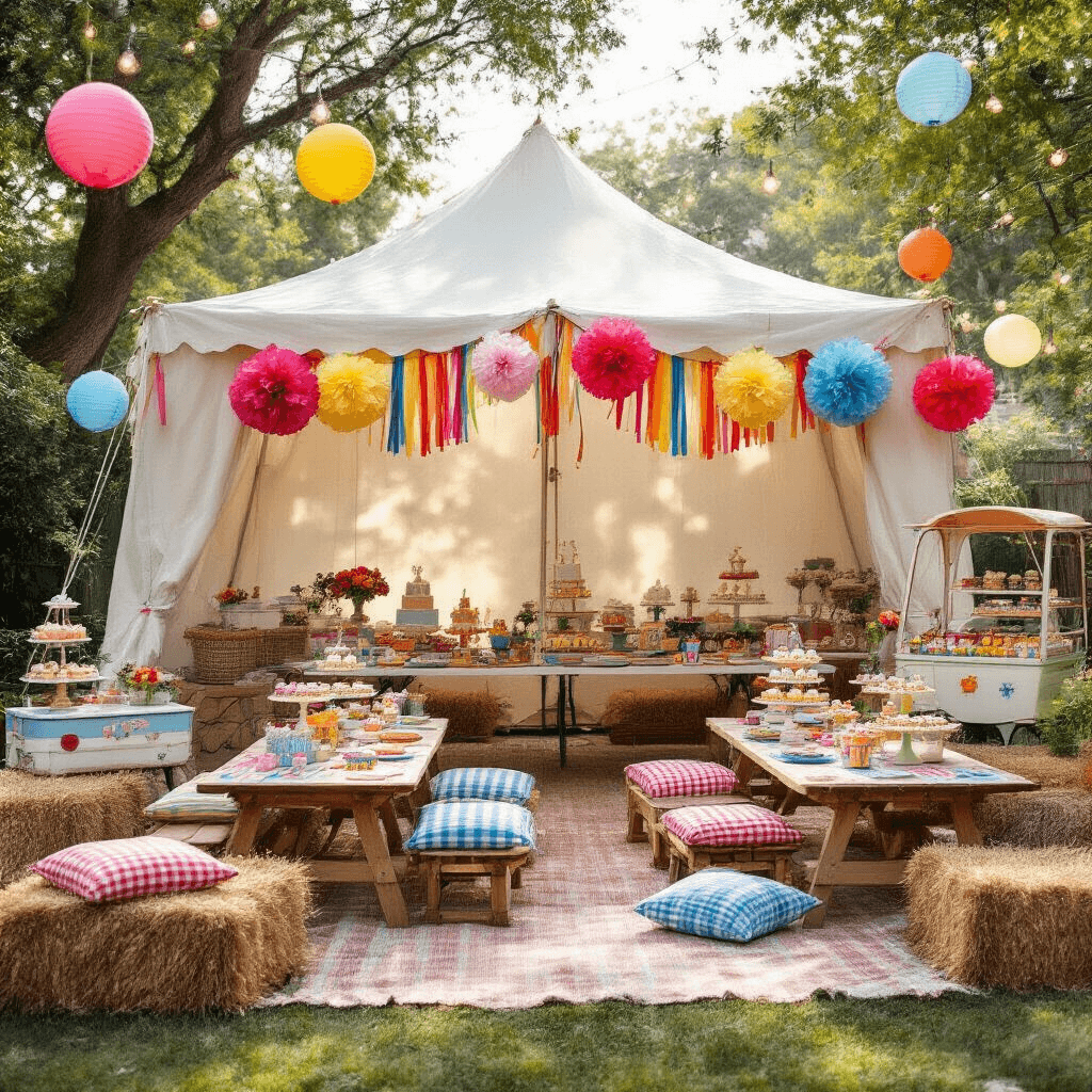 The Ultimate Guide to Unforgettable Birthday Party Venues: Finding Your Perfect Celebration Spot A whimsical children's birthday party scene in a stylish backyard, featuring a large white canvas tent decorated with rainbow streamers and oversized tissue paper flowers. Picnic-style setup with low wooden tables and bright linens is surrounded by hay bales topped with gingham cushions. Vintage carnival games and activity stations are scattered throughout, with helium balloons in bold colors floating above. A dessert cart resembling an old-fashioned ice cream truck displays cupcakes on tiered stands, while sunlight filters through string lights and paper lanterns hanging from oak trees.