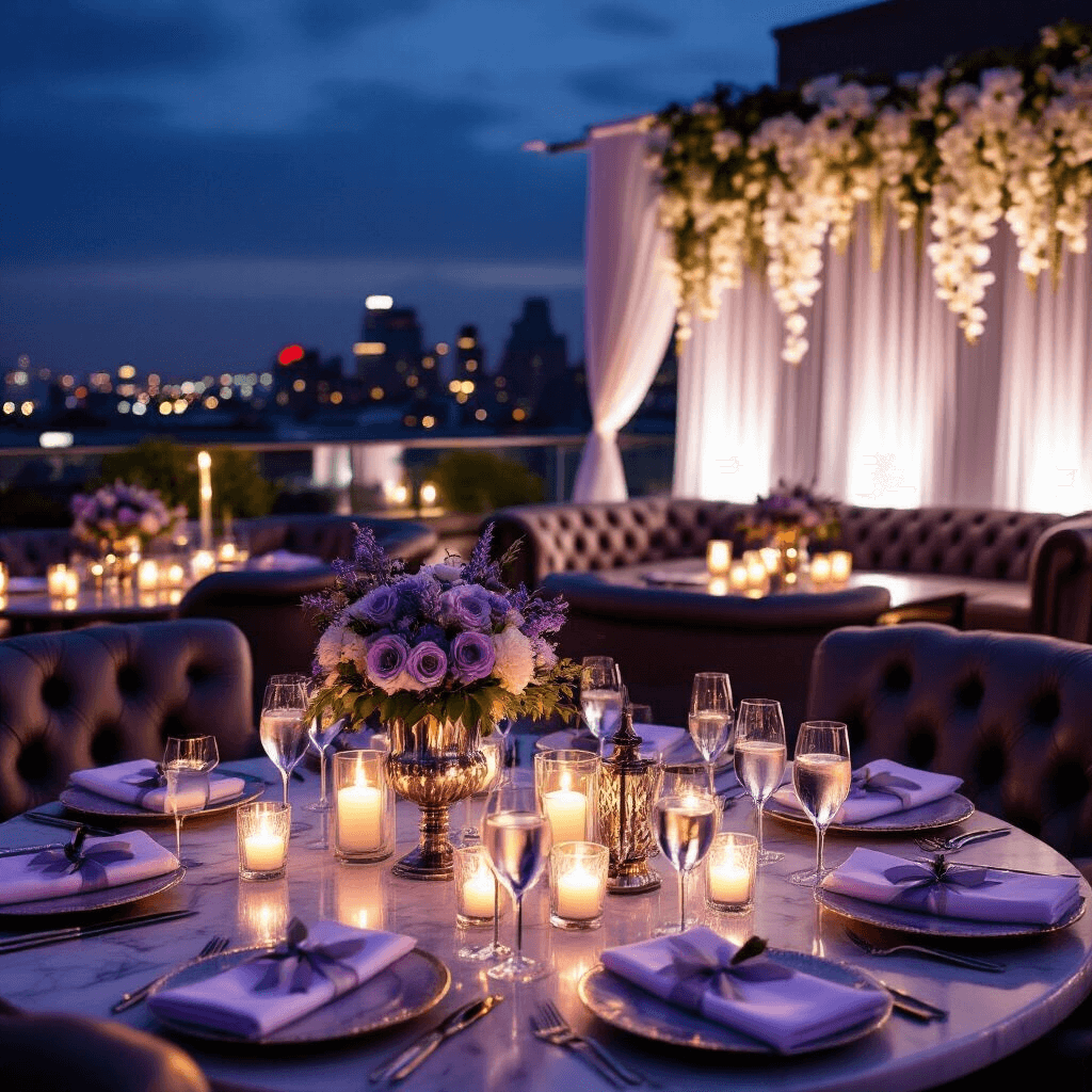 The Ultimate Guide to Unforgettable Birthday Party Venues: Finding Your Perfect Celebration Spot Elegant adult milestone birthday celebration on a rooftop terrace at night, featuring tufted leather seating, marble-topped cocktail tables with lavender and silver accents, floating candle votives, silver candlesticks, silk ribbon napkin rings, silver-rimmed glassware, illuminated sheer drapery, cascading white orchids, personalized champagne flutes, and stylish gift bags.