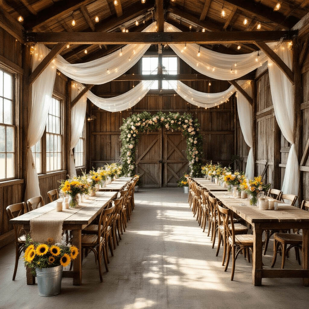 The Ultimate Guide to Unforgettable Birthday Party Venues: Finding Your Perfect Celebration Spot A rustic barn venue beautifully decorated for a birthday celebration, featuring exposed wooden beams, fairy lights, and flowing chiffon. Long farmhouse tables adorned with burlap runners and mason jar centerpieces filled with wildflowers in cream and blush, vintage chairs, and galvanized buckets of sunflowers. An arch with greenery and white roses frames a vintage photo booth area.