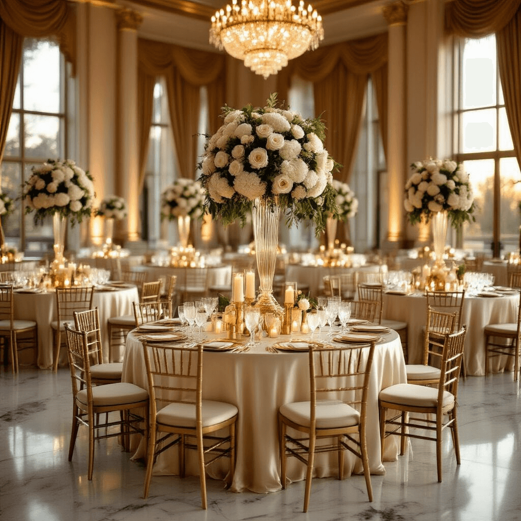 Crafting the Perfect Birthday Party Invitation: A Comprehensive Guide Elegant indoor ballroom set for a 50th birthday celebration, featuring round tables with silk ivory linens, gold and cream floral centerpieces, crystal chandeliers, flickering candlelight, personalized signage, and sophisticated place settings, all illuminated by golden hour light.