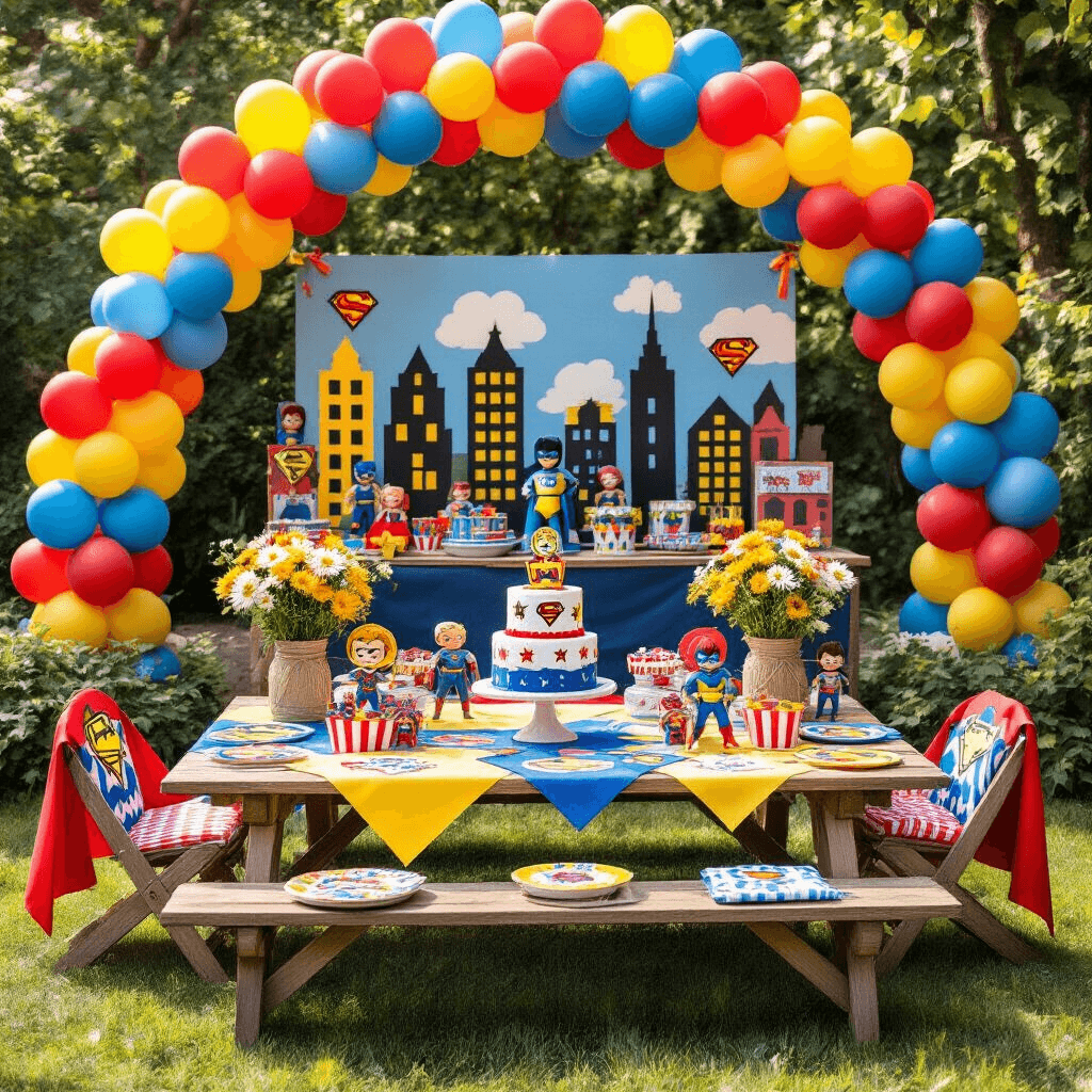 Crafting the Perfect Birthday Party Invitation: A Comprehensive Guide Overhead flat lay of a vibrant superhero-themed birthday party setup for a 5-year-old, featuring picnic tables with comic book centerpieces, colorful balloons, cardboard city skyline backdrops, a three-tiered superhero emblem cake, and cheerful decorations like daisies in mason jars and personalized masks.