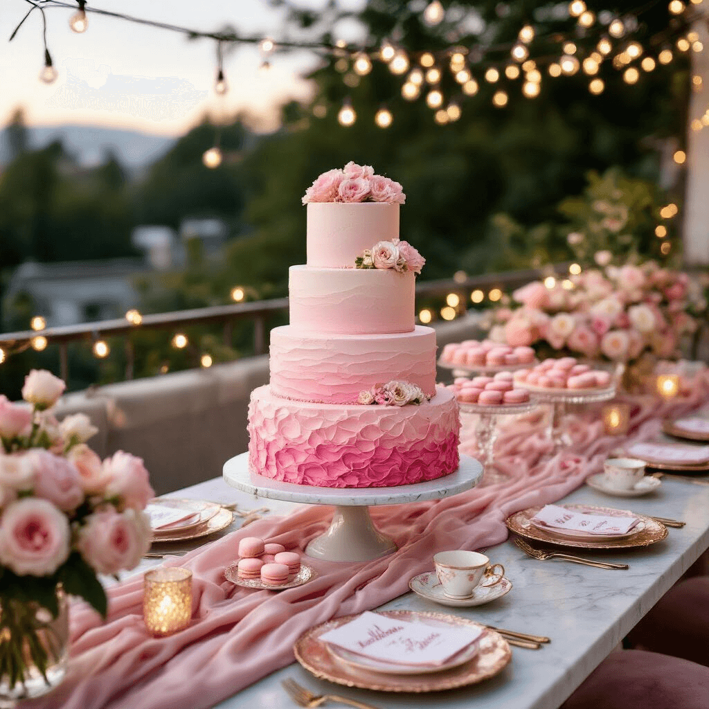 Crafting the Perfect Birthday Party Invitation: A Comprehensive Guide Close-up of a luxurious rooftop terrace adorned for a sweet sixteen celebration, featuring a pink ombre cake on a marble pedestal, macarons, crystal cake stands, and string lights, with elegant table settings and romantic decor elements.