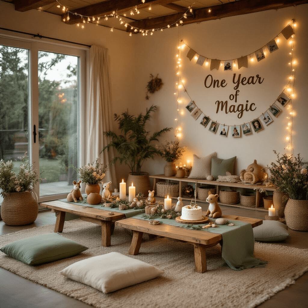 Crafting the Perfect Birthday Party Invitation: A Comprehensive Guide Cozy living room prepared for a first birthday celebration, featuring woodland-themed decorations, fairy lights, a smash cake, and intimate seating areas with floor cushions, all illuminated by candlelight.