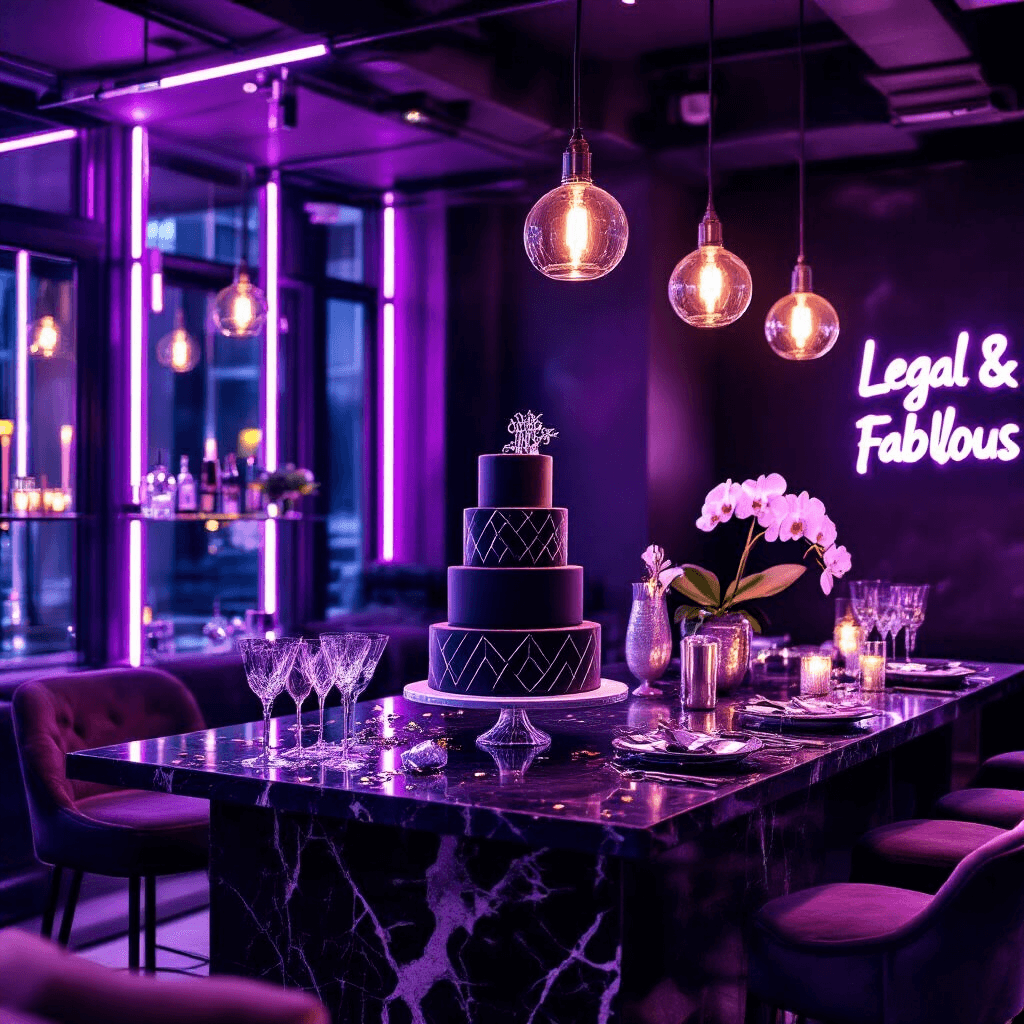 Crafting the Perfect Birthday Party Invitation: A Comprehensive Guide Moody, modern apartment styled for a 21st birthday featuring a geometric cake, sleek marble countertops, industrial lighting, and a luxurious color palette of deep purples, silver, and black.