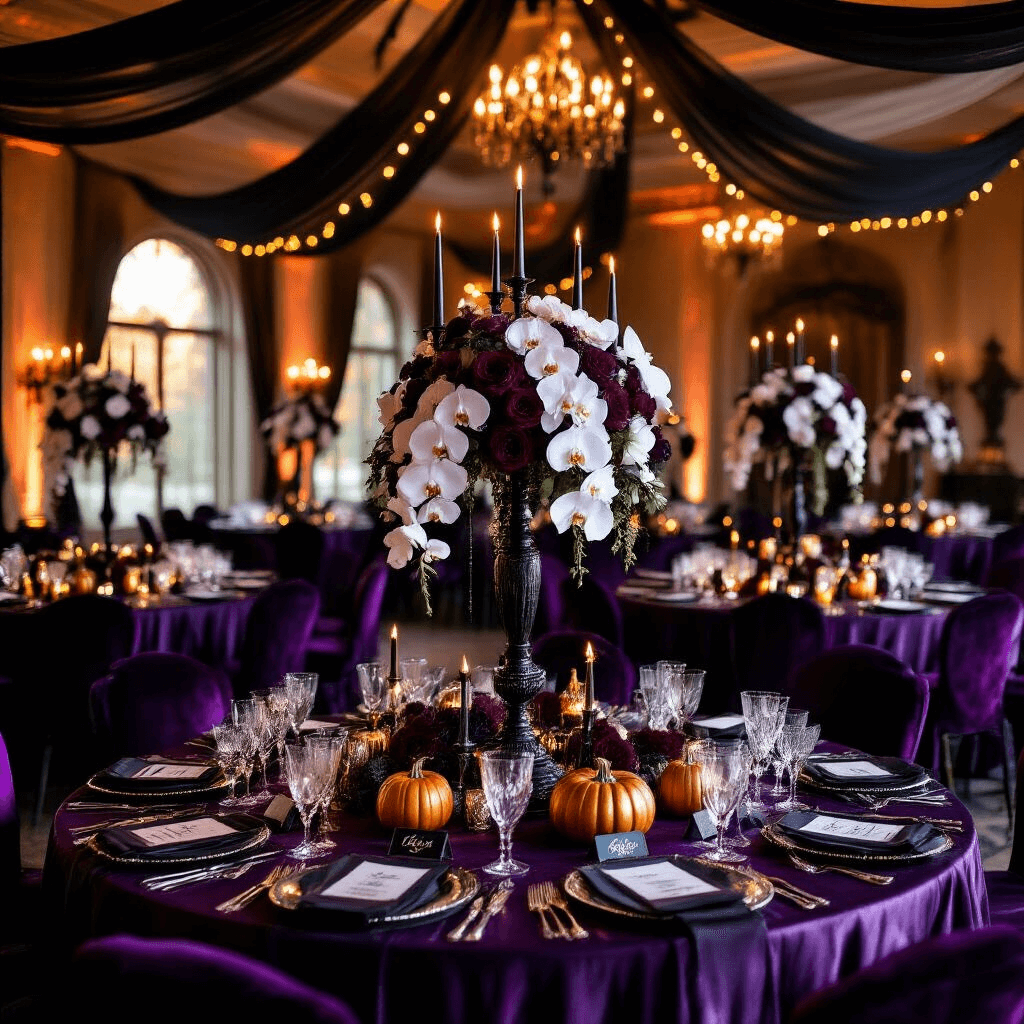 Spooky Sweet: Crafting the Ultimate Halloween Birthday Party Cinematic wide-angle shot of an elegant Halloween birthday party in a ballroom, featuring deep purple silk tables, black candelabras, cascading white orchids, warm amber string lights, and gothic-inspired décor.