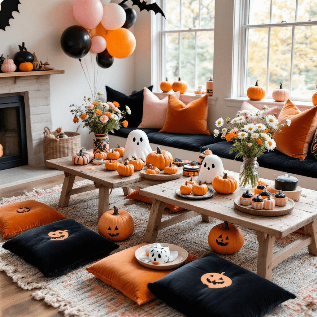 Spooky Sweet: Crafting the Ultimate Halloween Birthday Party Overhead flat lay of a whimsical kids' Halloween birthday setup in a cozy living room, featuring velvet cushions, pastel goth decorations, hand-painted pumpkins, rustic treat platters, and floral centerpieces, all bathed in soft morning light.