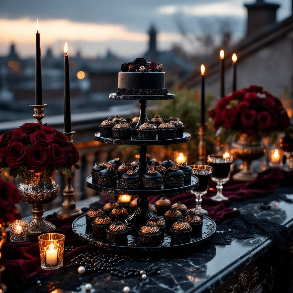 Spooky Sweet: Crafting the Ultimate Halloween Birthday Party Close-up of a gothic glam Halloween birthday celebration on a rooftop, featuring a black marble dessert cart with tiered stands of gold-dusted chocolate treats, flickering candles, deep burgundy velvet runners, crystal glassware, dark red roses, and black pearls, all illuminated by atmospheric string lights.