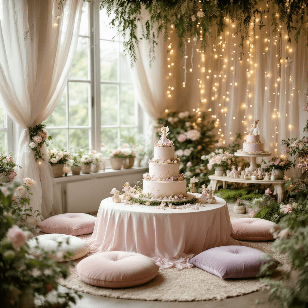 Magical First Birthday Party Ideas for Girls: Unforgettable Themes That Spark Joy A whimsical indoor garden fairy wonderland birthday party featuring soft golden fairy lights, pastel silk linens on a low table, velvet floor cushions, a tiered fairy-themed cake display, and cascading white and pink florals, all captured in dreamy natural lighting.