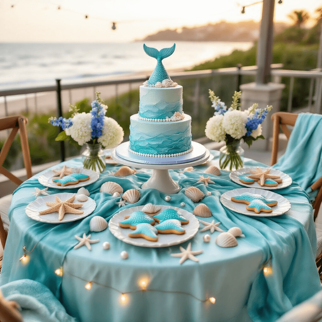 Magical First Birthday Party Ideas for Girls: Unforgettable Themes That Spark Joy Overhead flat lay of a mermaid-themed first birthday celebration on a beachfront terrace, featuring a low round table with teal and seafoam silk linens, seashell decorations, an ocean-themed cake, fish-shaped cookies, and floral arrangements, all illuminated by shell-shaped string lights during golden hour.