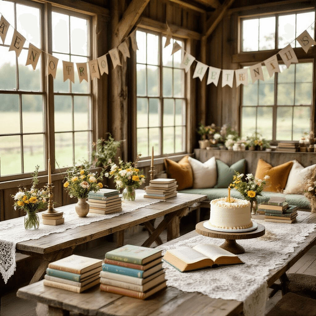 Magical First Birthday Party Ideas for Girls: Unforgettable Themes That Spark Joy A whimsical first birthday party in a rustic barn, featuring wooden tables with vintage lace runners, colorful children's books as centerpieces, jewel-toned cushions in a reading nook, and an open book-shaped birthday cake, all illuminated by soft morning light.
