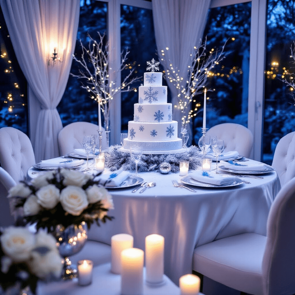 Magical First Birthday Party Ideas for Girls: Unforgettable Themes That Spark Joy A cozy winter wonderland first birthday party setup features a round table with white silk linens and silver accents, surrounded by white velvet chairs. The centerpiece includes artificial snow, silver branches, and blue LED fairy lights. A tiered birthday cake decorated with snowflakes in blue and white fondant is displayed alongside fresh white roses and silver-dusted eucalyptus in mercury glass vases. White pillar candles illuminate the scene, complemented by sheer drapery and snowflake-shaped cookies, creating an enchanting and elegant atmosphere.