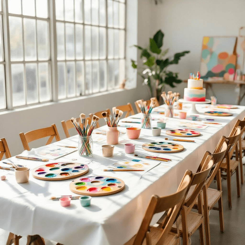 Ultimate Guide to Kids Birthday Party Venues in New Jersey: Your Perfect Celebration Destination Overhead flat lay of an elegant creative art party setup in a bright studio, featuring long tables covered in white butcher paper, colorful paint palettes, rainbow-arranged supplies, and a birthday cake resembling an artist's palette amidst sunflowers and paint decorations.