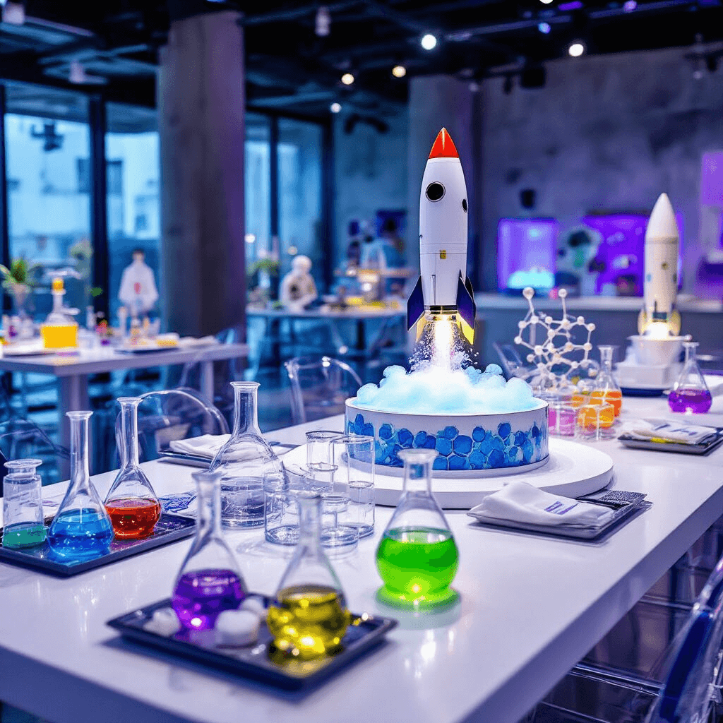 Ultimate Guide to Kids Birthday Party Venues in New Jersey: Your Perfect Celebration Destination Close-up detail of a vibrant science museum birthday party setup with sleek white tables featuring colorful experiment stations, modern decor, a space-themed rocket ship cake, and personalized lab coat party favors, all illuminated by soft LED lighting in a contemporary venue.