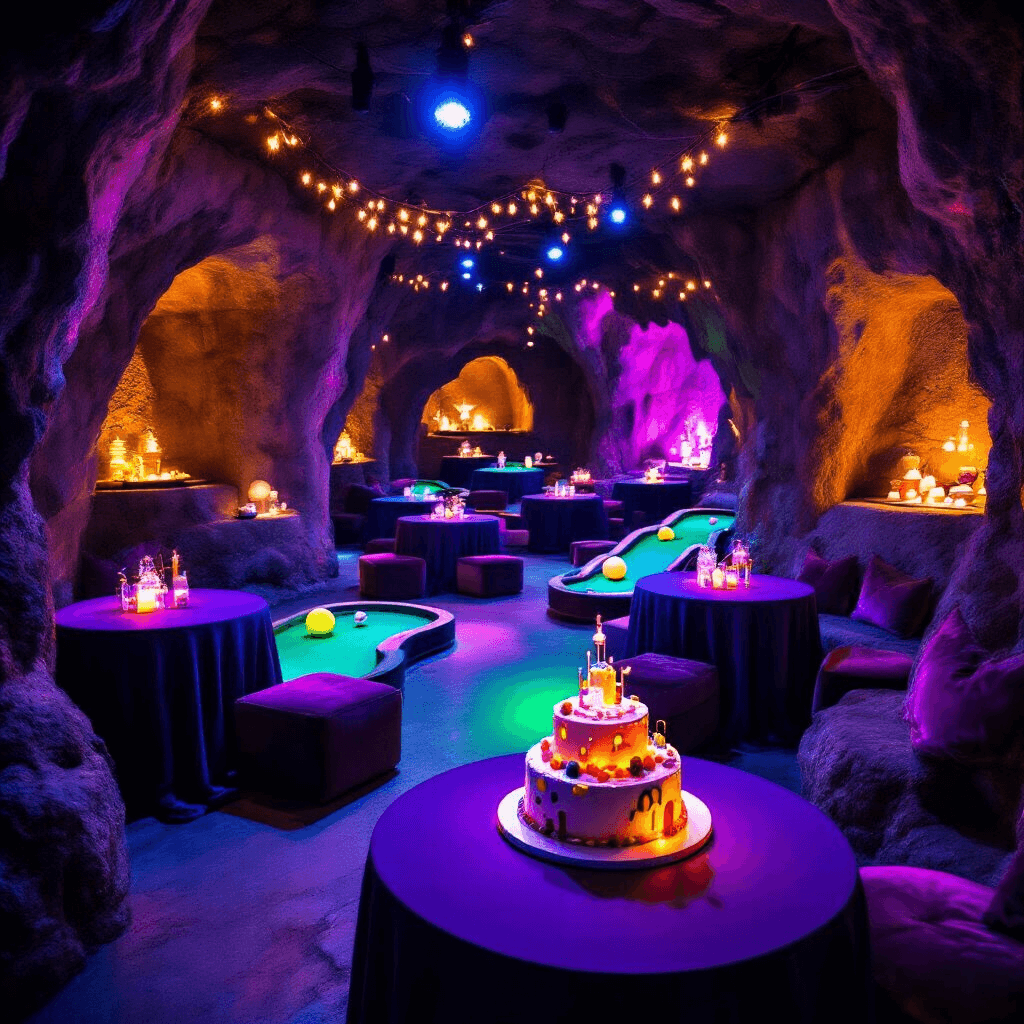 Ultimate Guide to Kids Birthday Party Venues in New Jersey: Your Perfect Celebration Destination Moody candlelit indoor scene of a whimsical mini golf birthday party, featuring glow-in-the-dark courses, deep purple and midnight blue tables, LED centerpieces, a glowing cake designed as a golf course, fairy lights, and jewel-toned cushions.