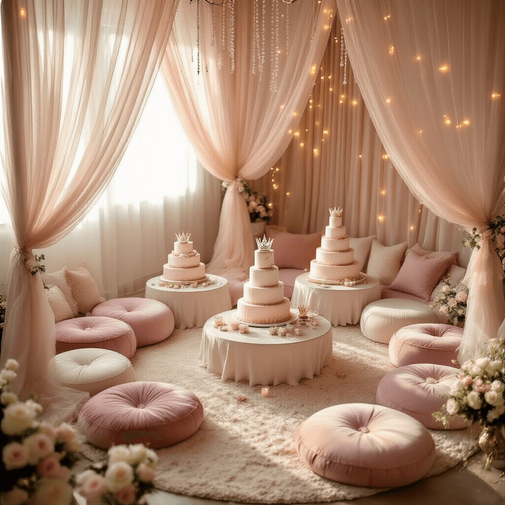 Magical Princess Birthday Party: Your Ultimate Guide to Royally Awesome Celebration Overhead shot of a cozy living room adorned as a magical princess kingdom with plush cushions, tiered birthday cakes, fairy lights, and floral centerpieces, all illuminated by warm golden hour sunlight.