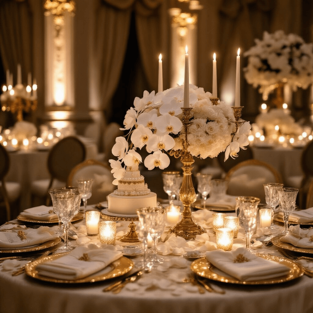 Magical Princess Birthday Party: Your Ultimate Guide to Royally Awesome Celebration Close-up of an elegant ballroom corner with candlelit ambiance, featuring gold and ivory decor, intricate table settings with silk linens and crystal glassware, fresh white orchids, pearl-encrusted centerpieces, and moody lighting from pillar candles, creating a sophisticated princess-themed celebration.