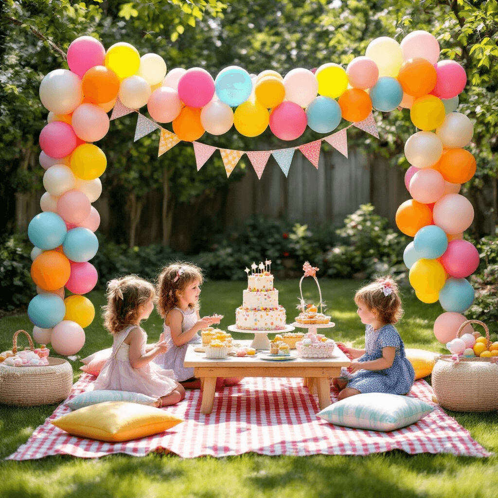 Elevate Your Event: The Ultimate Guide to Pearl Balloons - Shimmer, Style, and Sophistication A bright backyard scene featuring a whimsical children's birthday party, with a colorful balloon garland framing a picnic area of gingham blankets and low tables. Oversized balloons sway in the breeze, while a dessert cart brims with treats, including a funfetti cake among pearl balloon bunches. Children joyfully interact with the playful decor, showcasing the vibrant colors against soft pearl accents in the sunny setting.